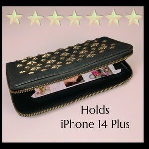 Jimmy Choo Carnaby large star studs  black leather wallet - hardware gold.